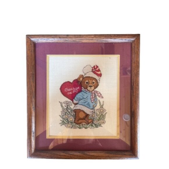 Teddy Bear Hugs Are In Cross-Stitch Art In Wood Frame Glass - Picture 1 of 7